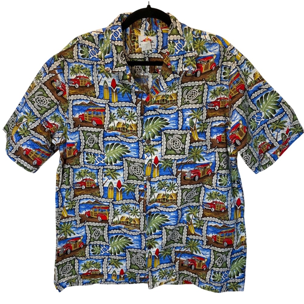 Vintage MD Fashion Hawaiian Shirt Mens L Woody Surfboard Turtle Made in Hawaii